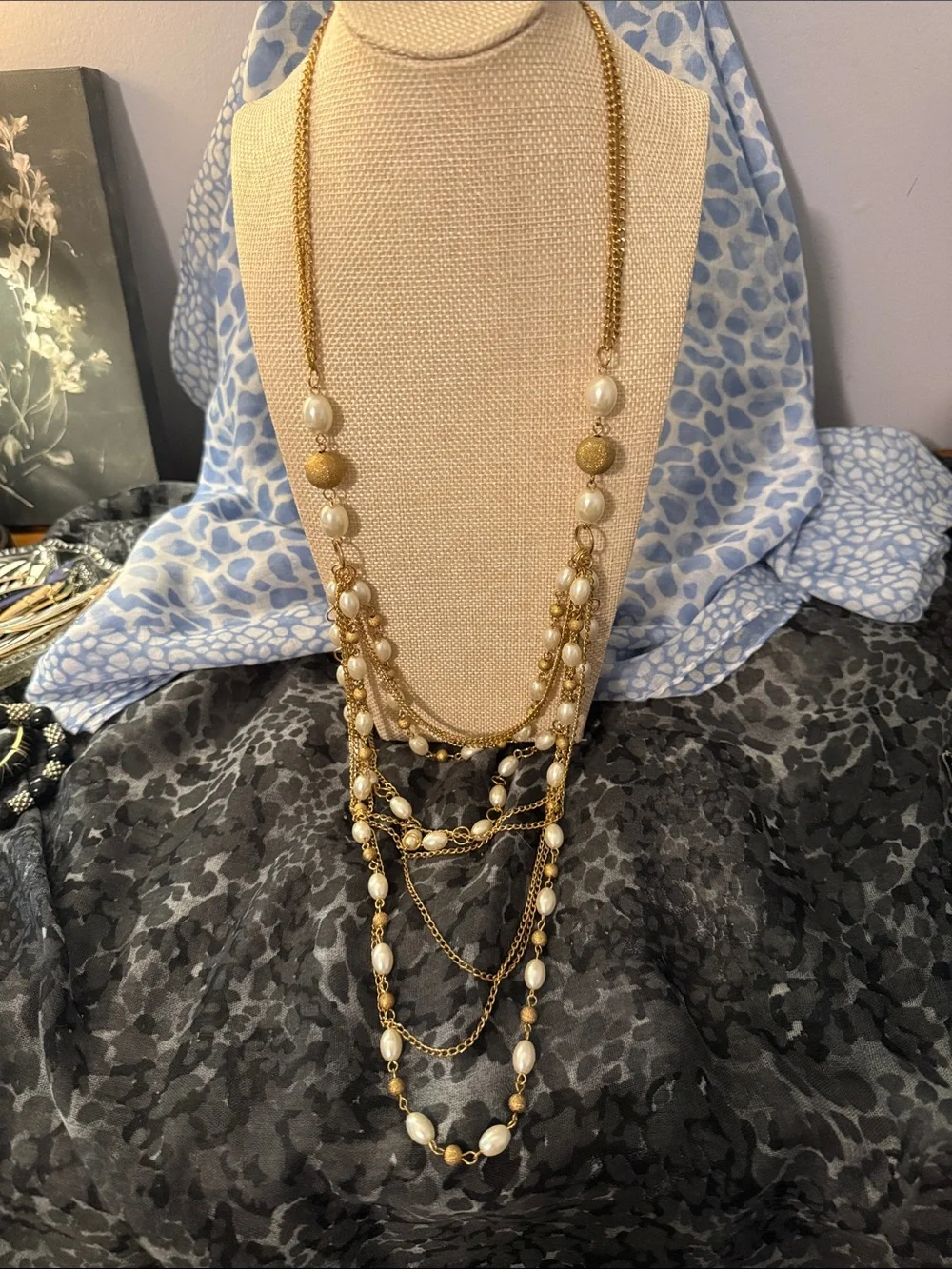 Gold Multi-Strand Pearl Beaded Necklace - Elegant Layered Design